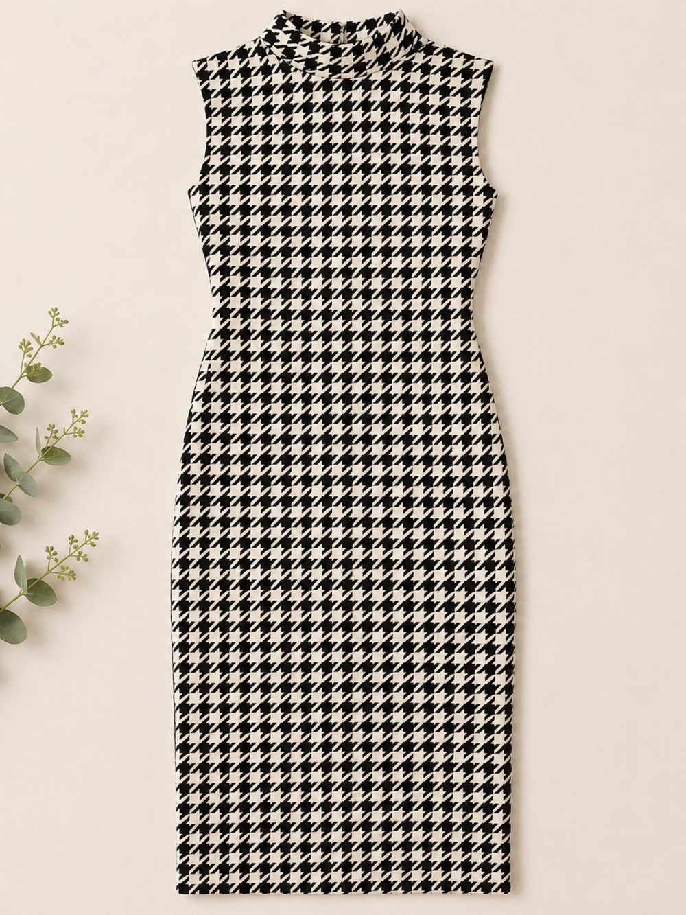 Black & White Houndstooth Mock Neck Midi Dress Women’s XL Bodycon
